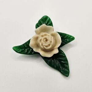 Vintage Carved White Rose Brooch Green Leaves Celluloid Resin Flower Pin